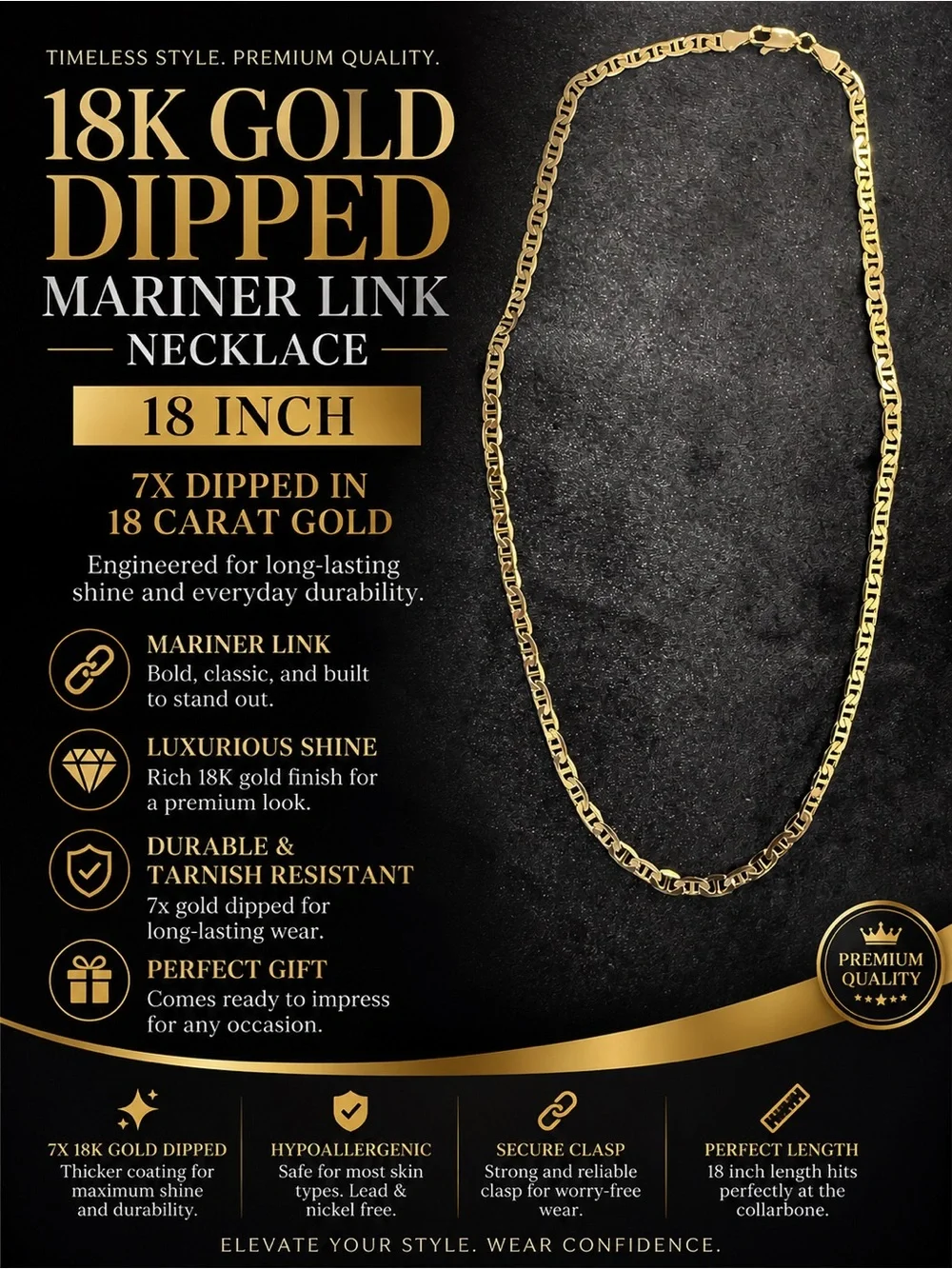 18K Gold Dipped Mariner Link Necklace - 18 Inch